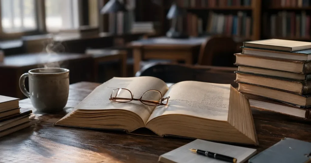 Öppen bok på träskrivbord med anteckningar och glasögon i biblioteksmiljö